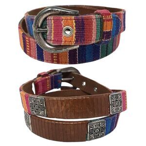 Fossil Rainbow Woven Southwestern Leather Belt Womens Size M Tribal Boho Conchos